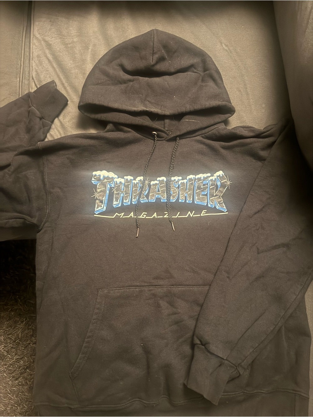 Thrasher Black Hoodie with Blue and White ice /frost Logo